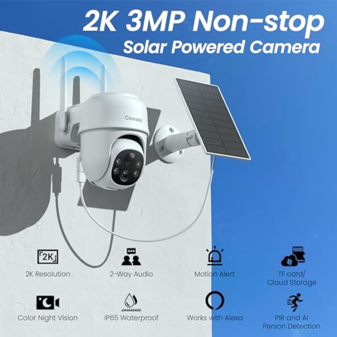 Cinnado Solar Security Camera – 2K Wireless Outdoor CCTV with 360° PTZ