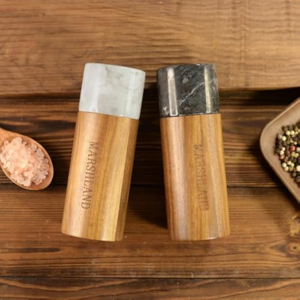Jolof Store Acacia Wood and Marble Salt and Pepper Grinder Set