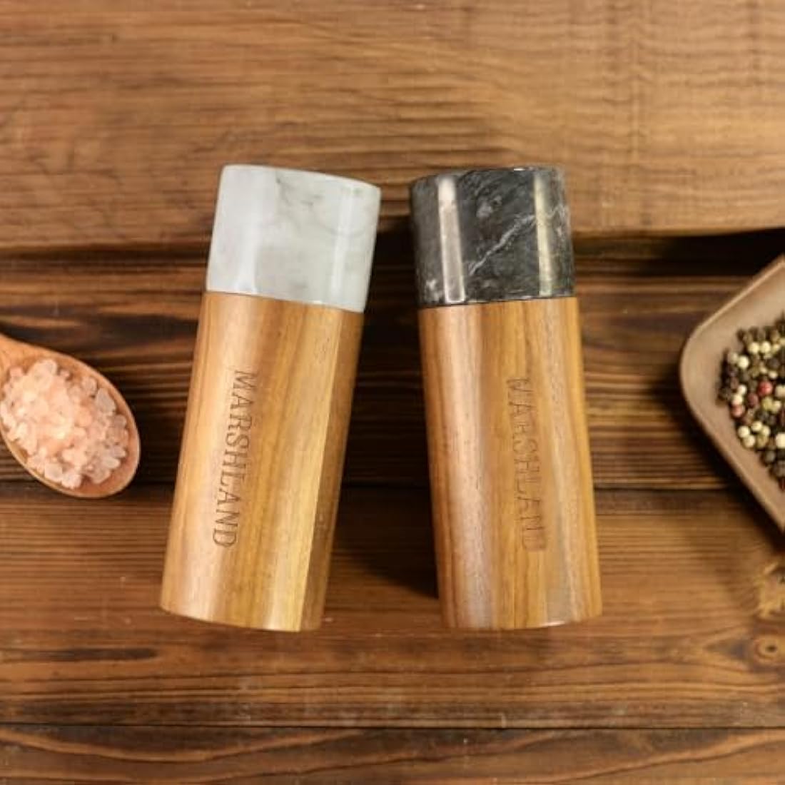 Jolof Store Acacia Wood and Marble Salt and Pepper Grinder Set
