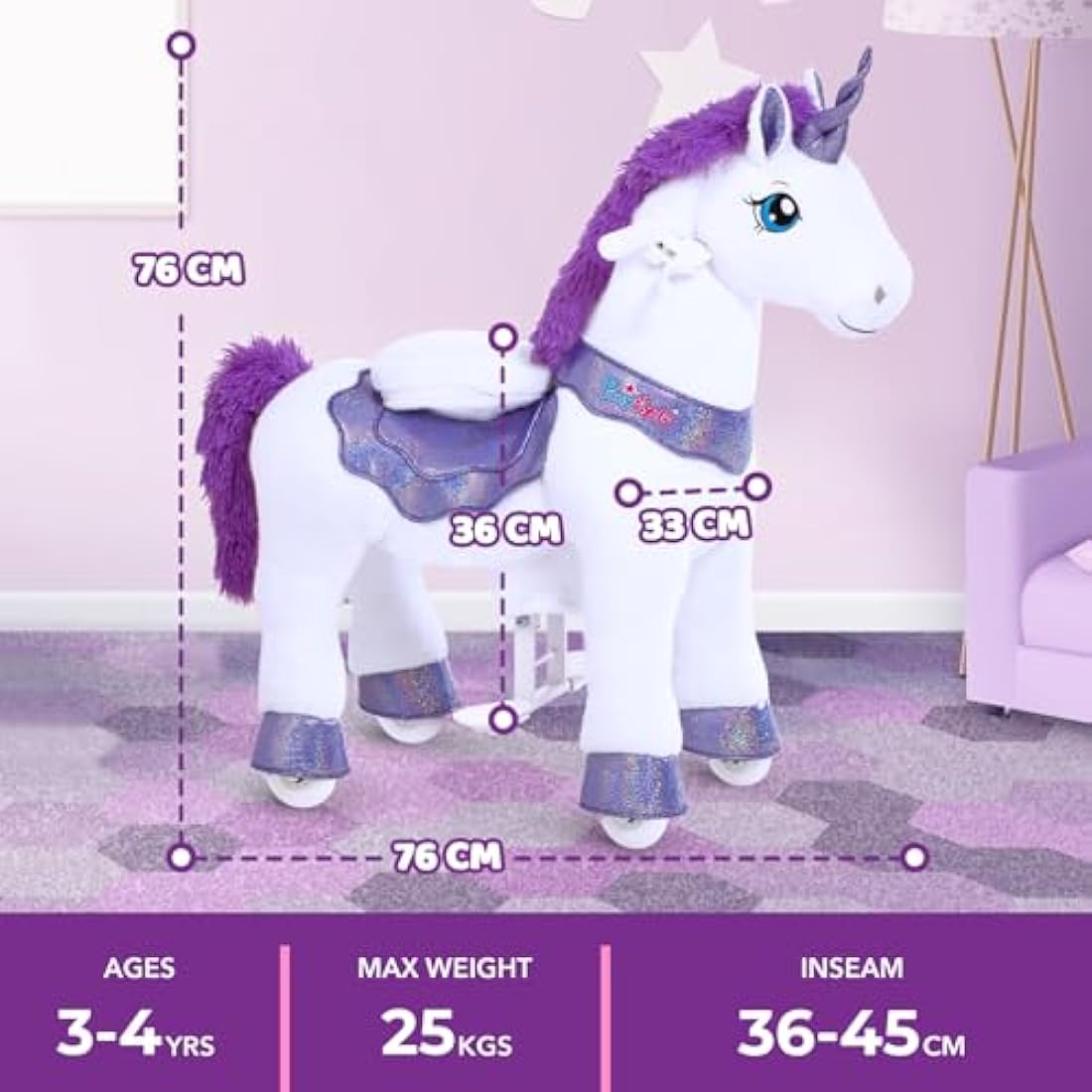 PonyCycle Ride on Unicorn Kids Scooter - Purple Mechanical Toy (Size 3)