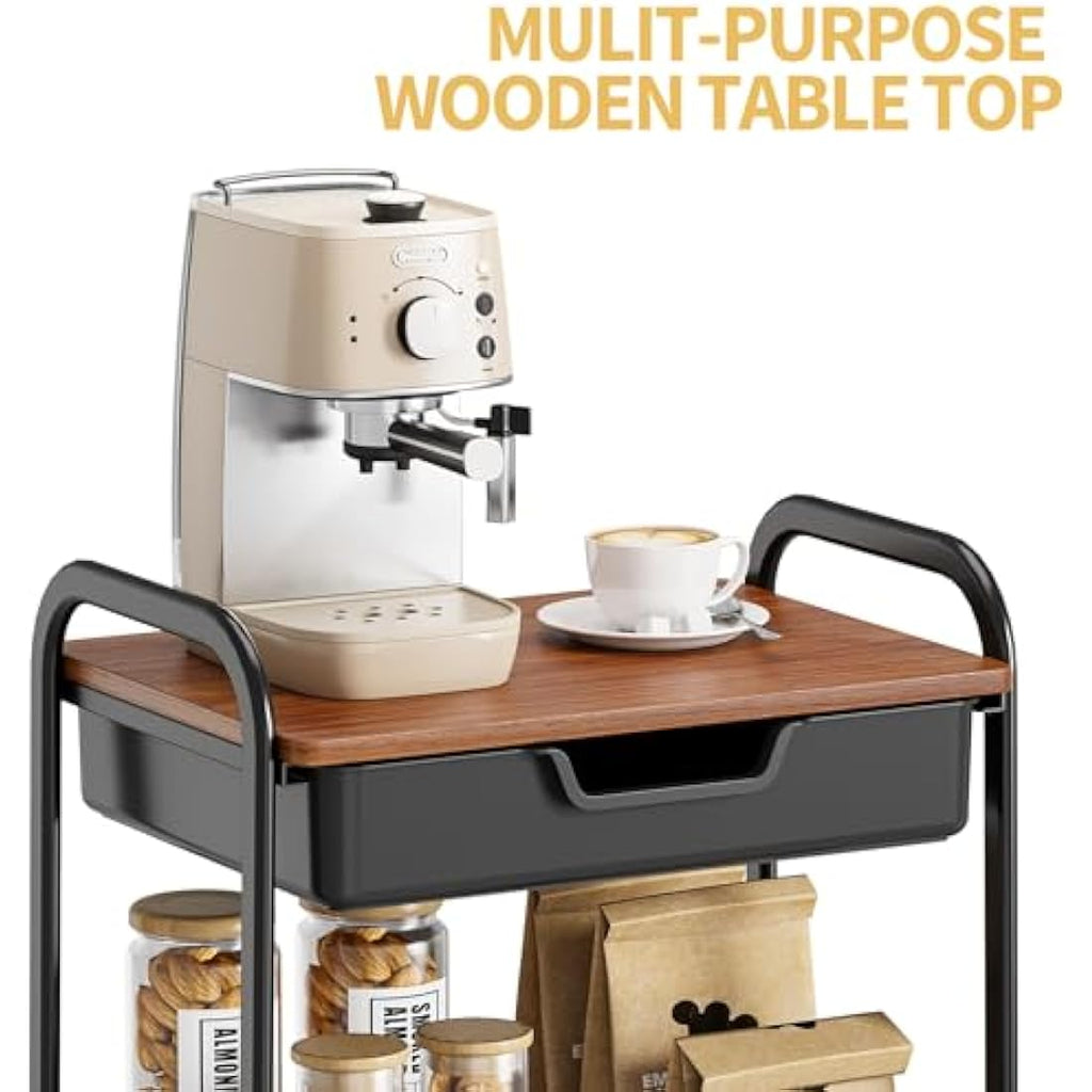 KINGRACK 3-Tier Rolling Utility Cart with Wooden Tabletop | Black