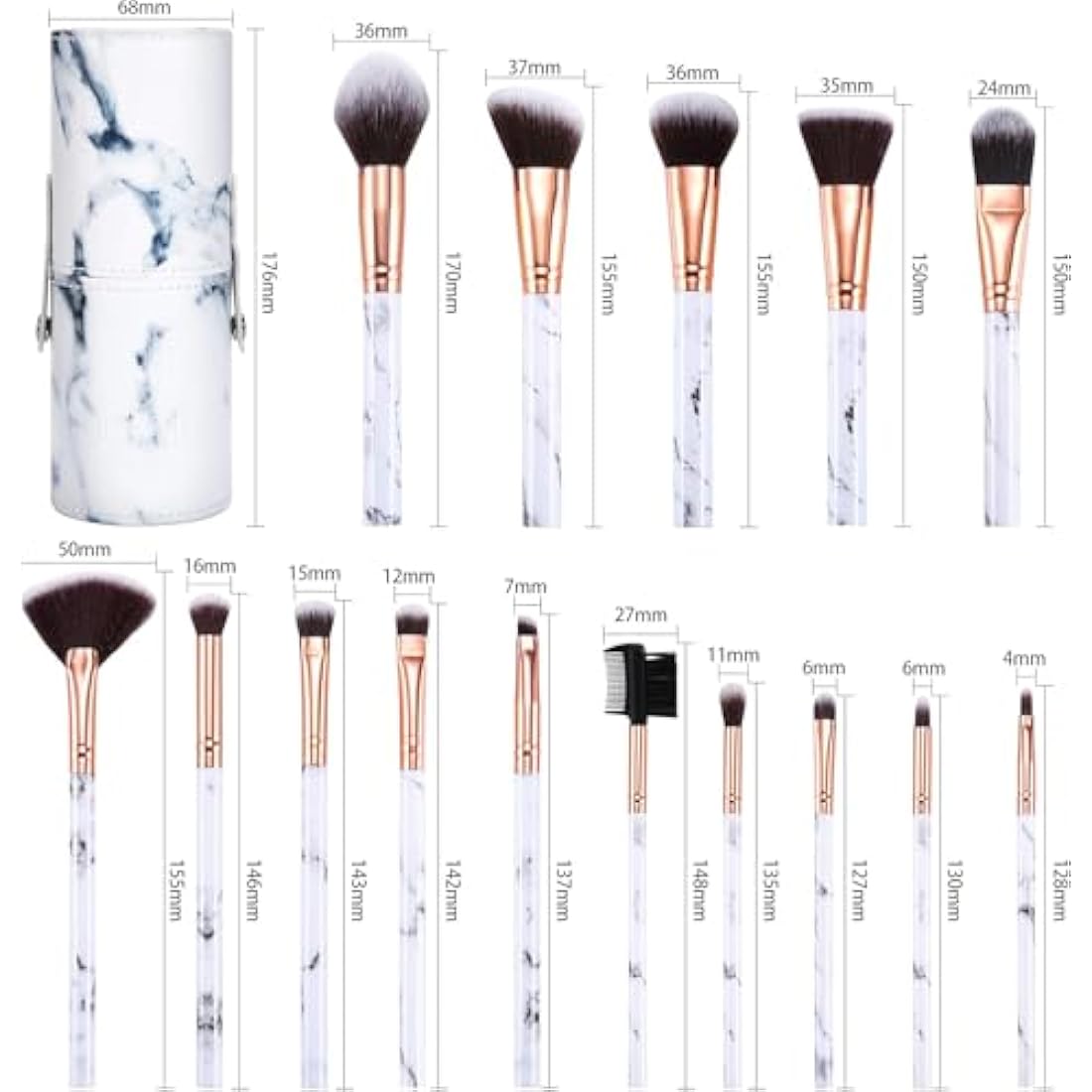 DUAIU 15-Piece Marble Makeup Brush Set with Storage Bucket | White