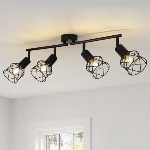 FORCOSO 4-Way Industrial Ceiling Spotlight | Black Metal Wire Cage Lamp