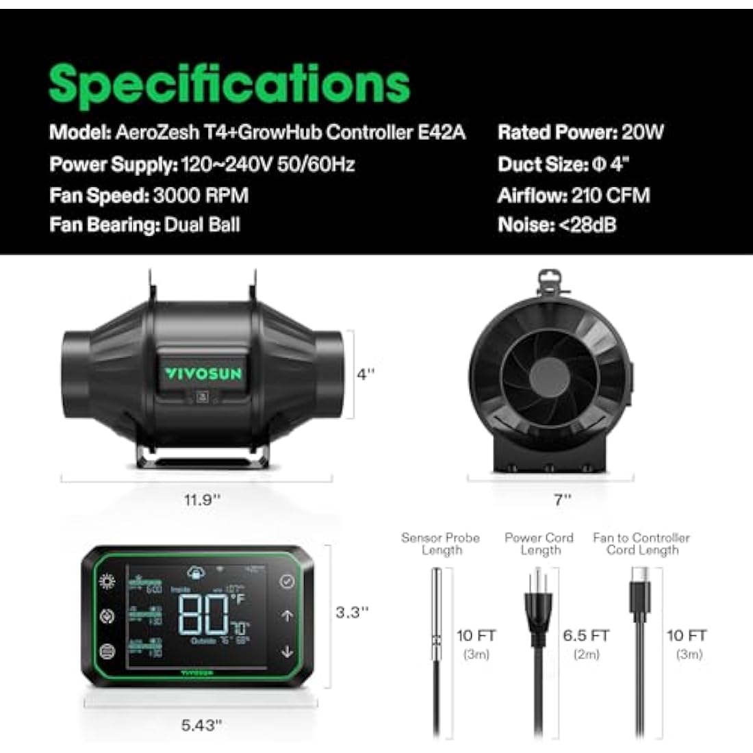 VIVOSUN 100mm Inline Duct Fan with GrowHub E42A WLAN Controller