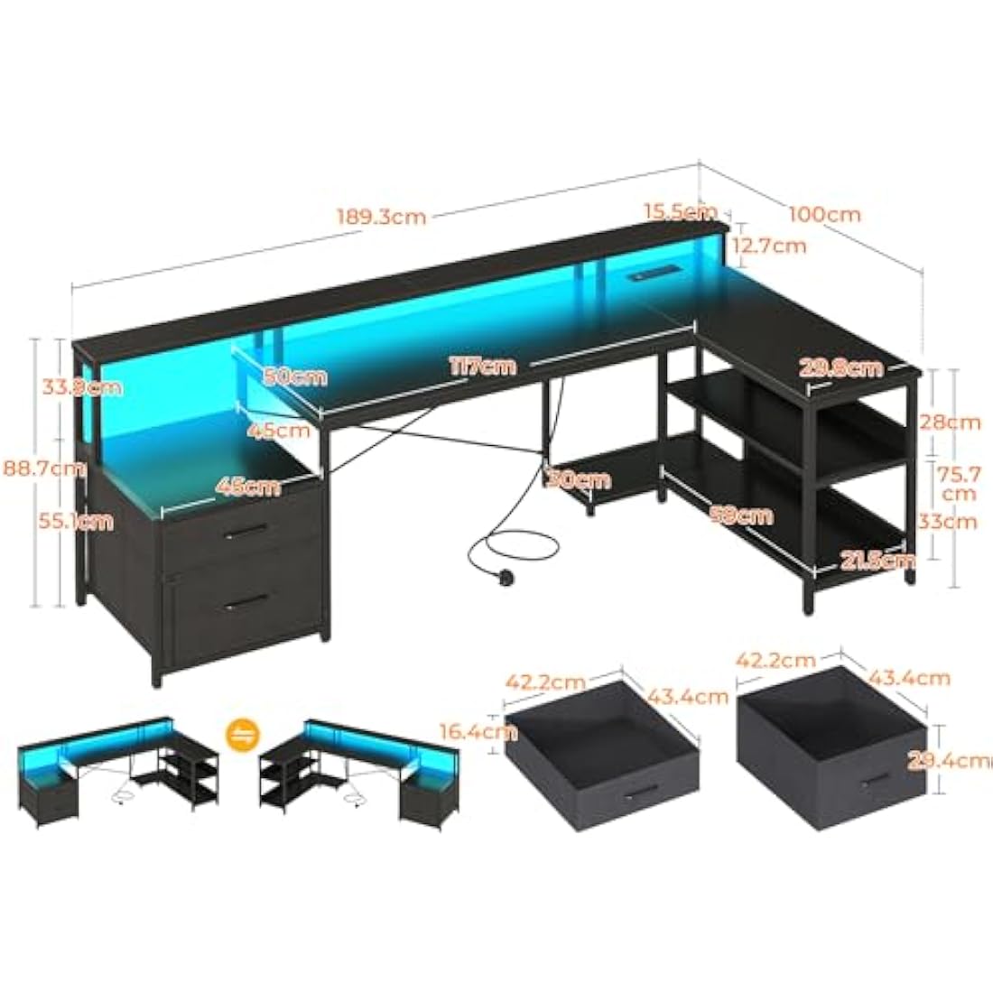 ODK L-Shaped Gaming Desk with LED Lights, Power Outlets & Drawers - Black