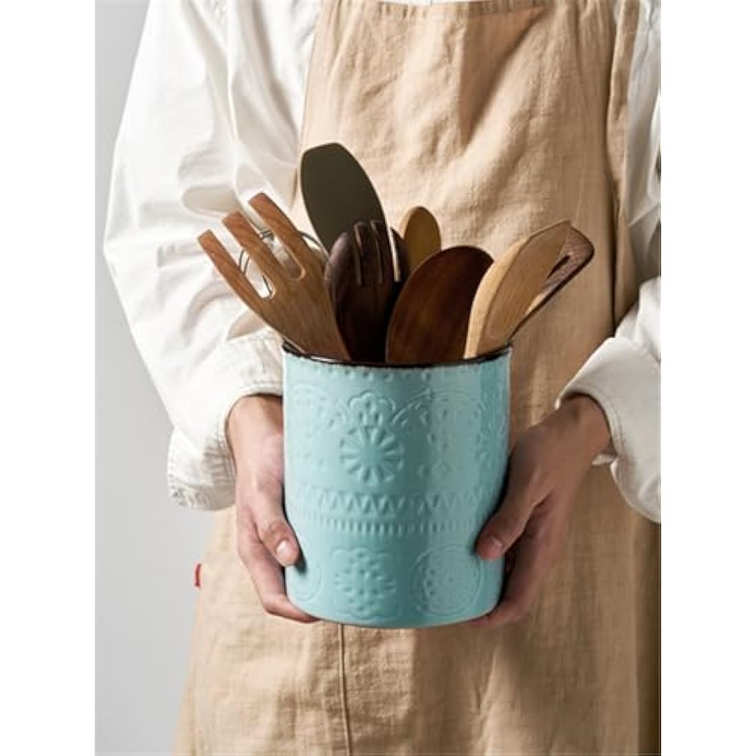 DOWAN Large Ceramic Utensil Holder – Farmhouse Kitchen Crock, Blue