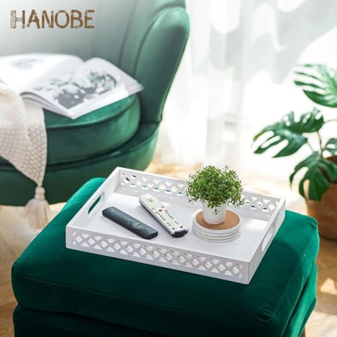 Hanobe Hand-Carved Wooden Serving Tray | Large White Farmhouse Centerpiece