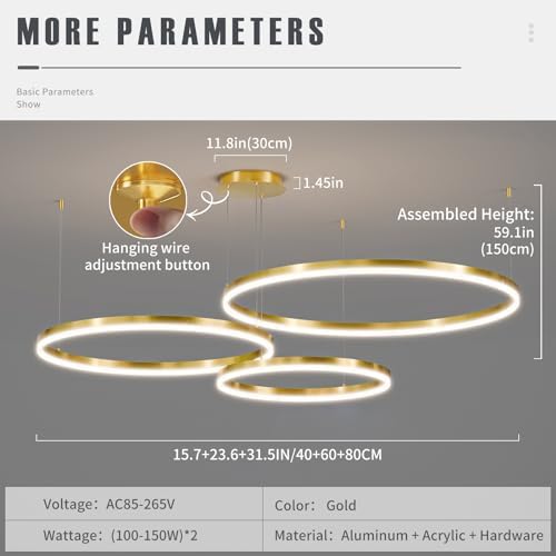 Mikeru 3-Ring LED Pendant Light | Gold Dimmable Minimalist Chandelier