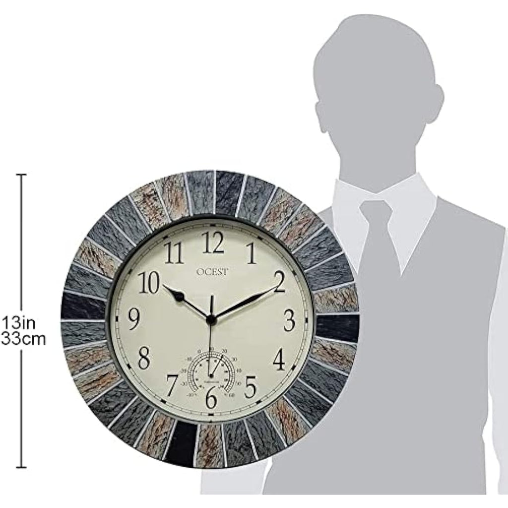 OCEST 13 Inch Outdoor Waterproof Wall Clock with Thermometer | Retro Style