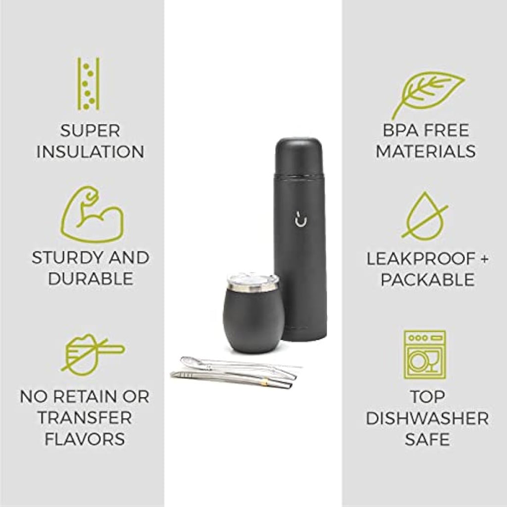 Balibetov Yerba Mate Set – Stainless Steel Gourd, Flask and Bombilla (Black)