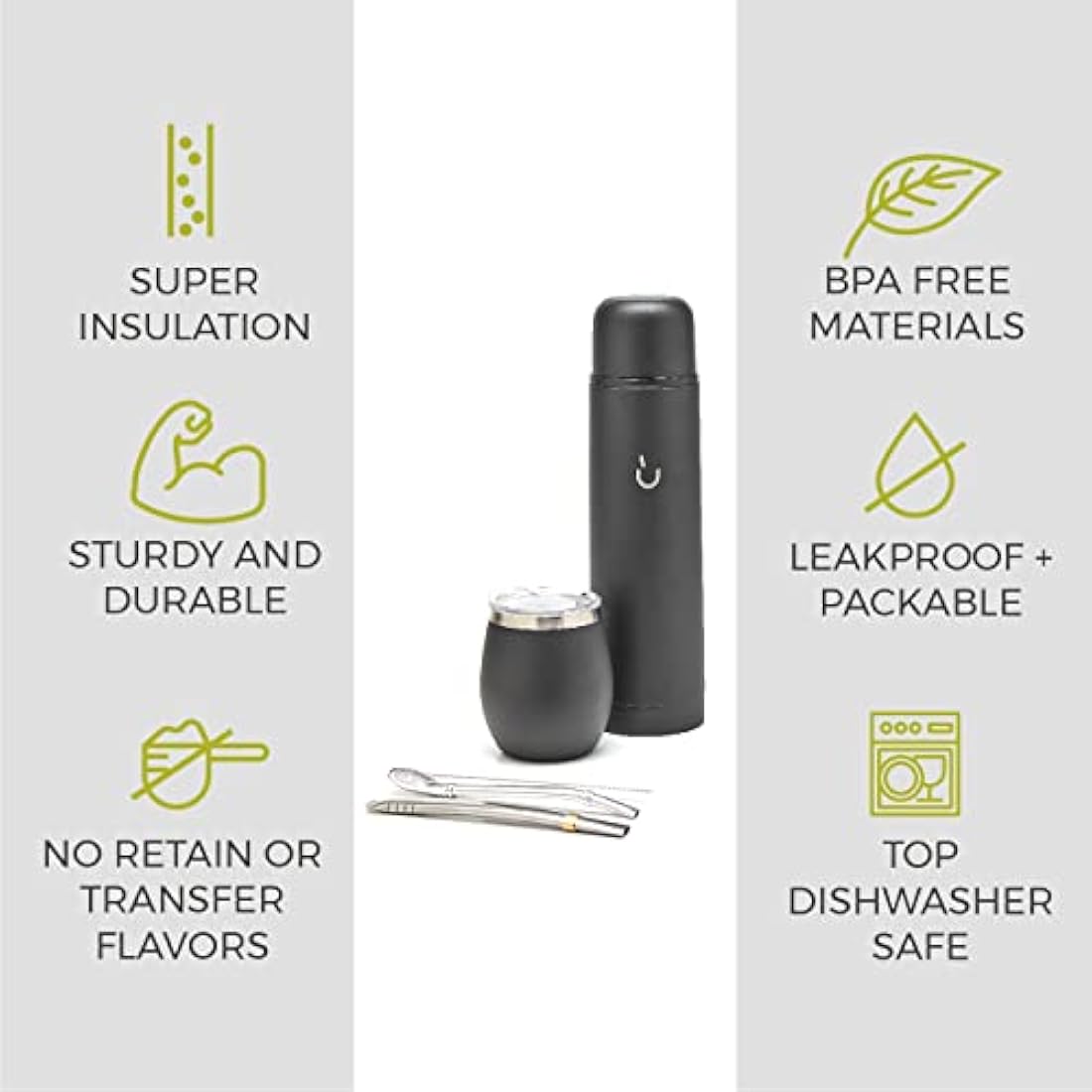 Balibetov Yerba Mate Set – Stainless Steel Gourd, Flask and Bombilla (Black)