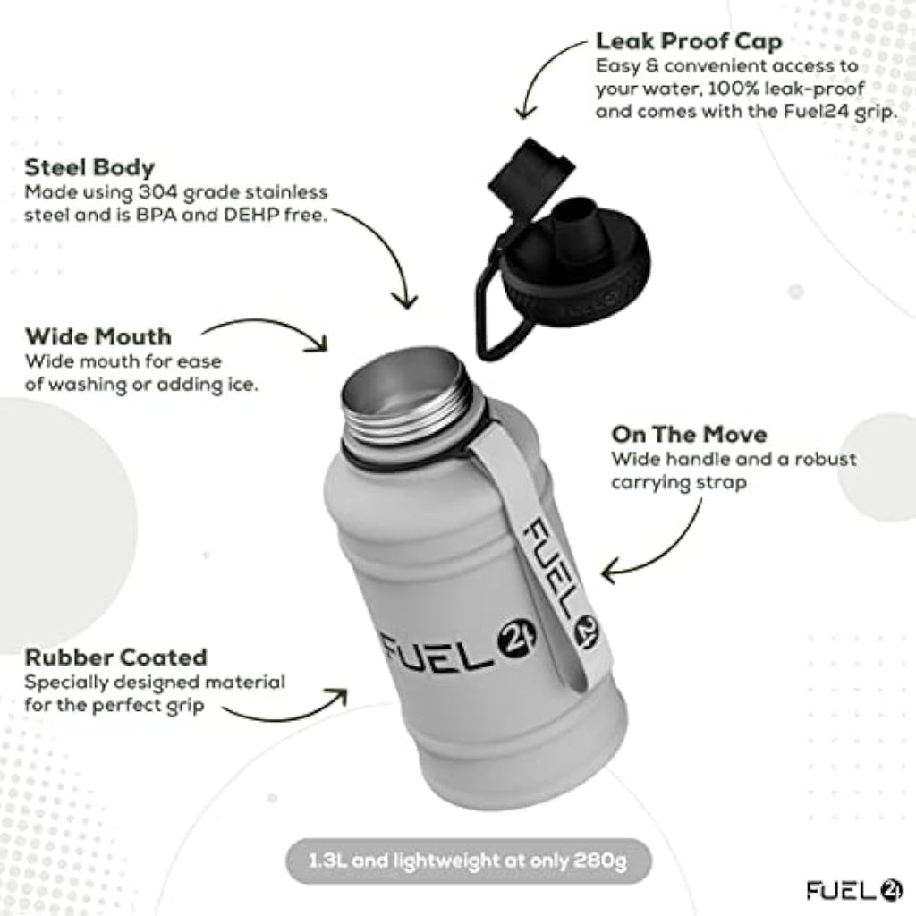 Fuel24 Stainless Steel Water Bottle – 1.3L/2.2L Leakproof Gym Jug