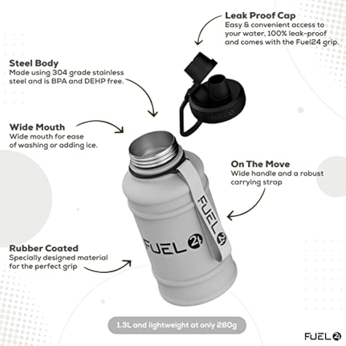 Fuel24 Stainless Steel Water Bottle – 1.3L/2.2L Leakproof Gym Jug