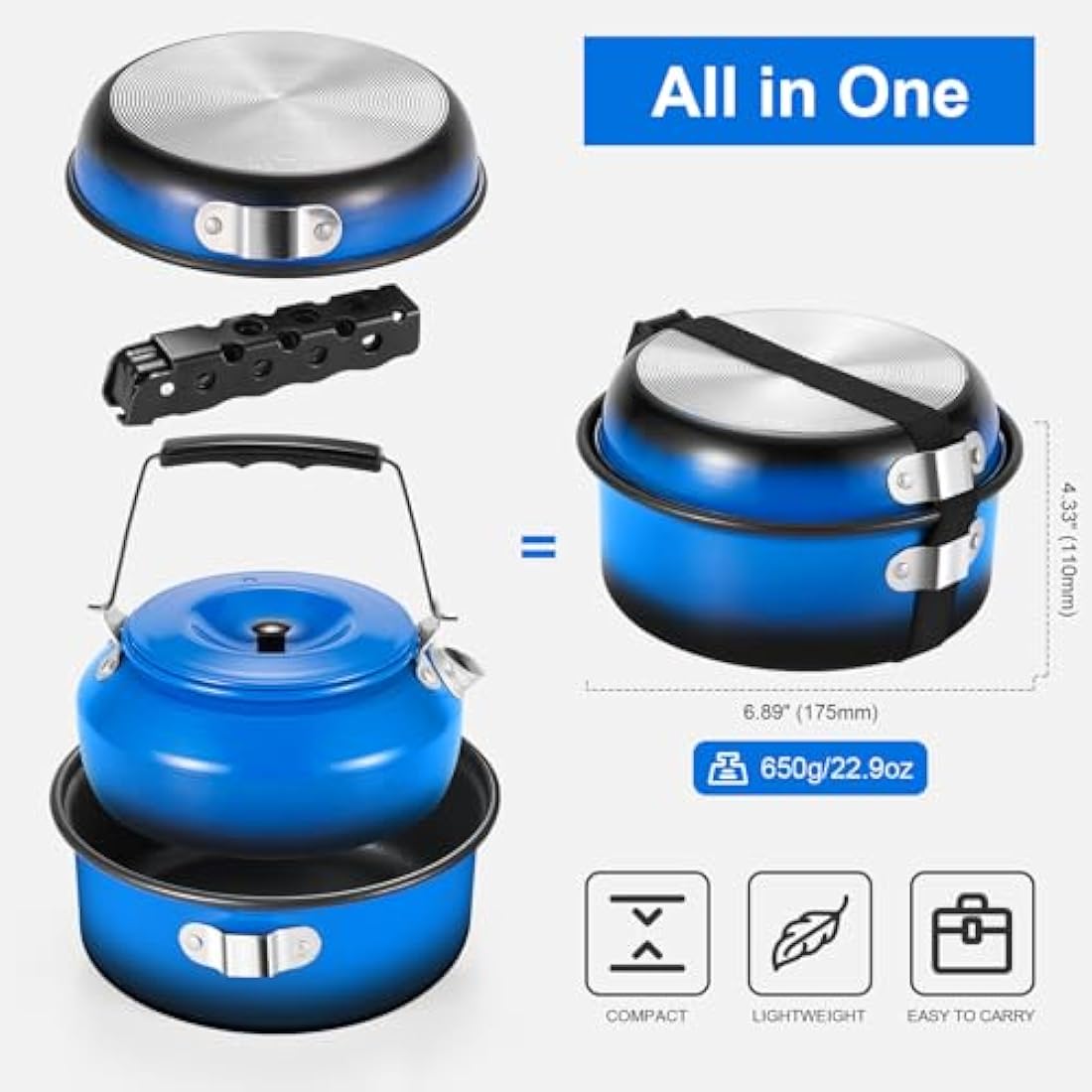 Odoland 5pcs Camping Cookware Mess Kit | Non-Stick Aluminum Pot Pan Set