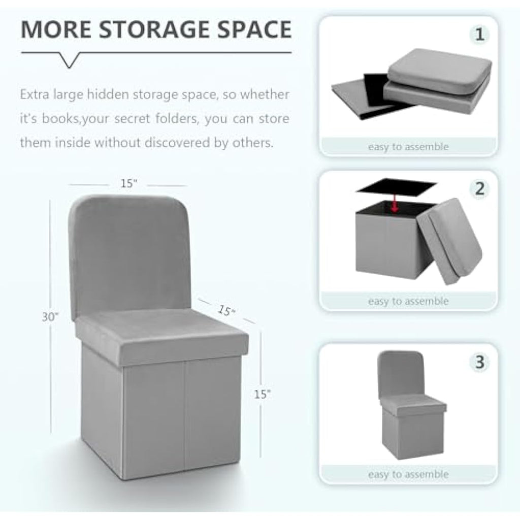 Grey Velvet Folding Storage Ottoman Chair with Backrest