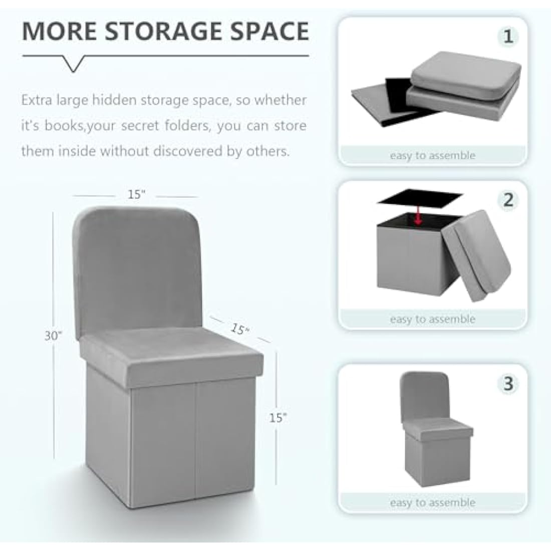 Grey Velvet Folding Storage Ottoman Chair with Backrest