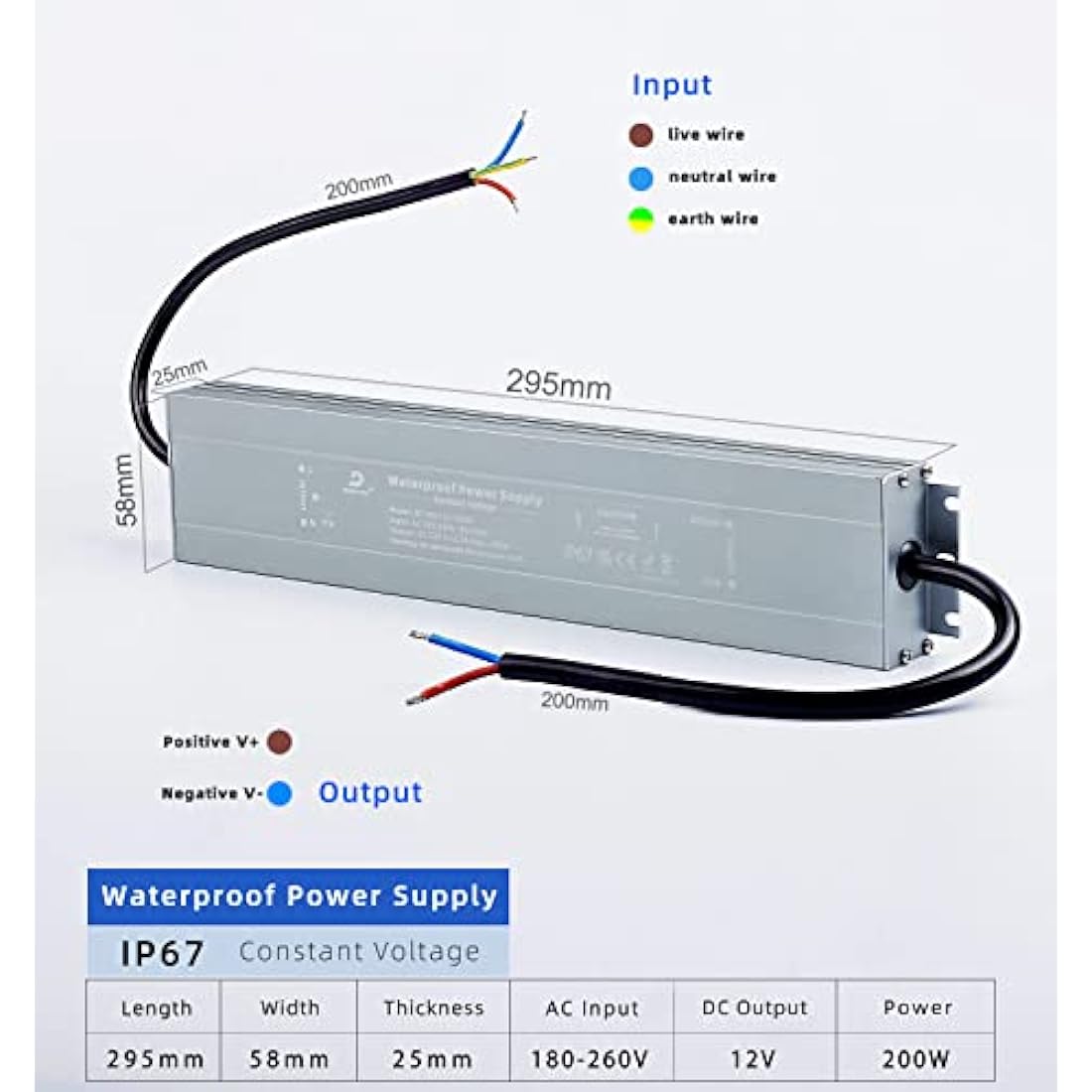 DUSKTEC 12V 200W Slim LED Transformer – IP67 Waterproof Power Supply Driver