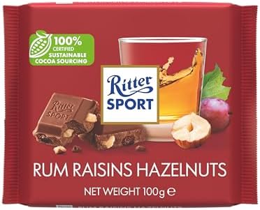 Ritter Sport Rum Raisins & Hazelnuts Chocolate Bar, 100g - Case of 12