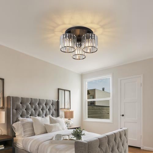Jolof Store Modern 3-Light Crystal Chandelier – Black Semi Flush Mount