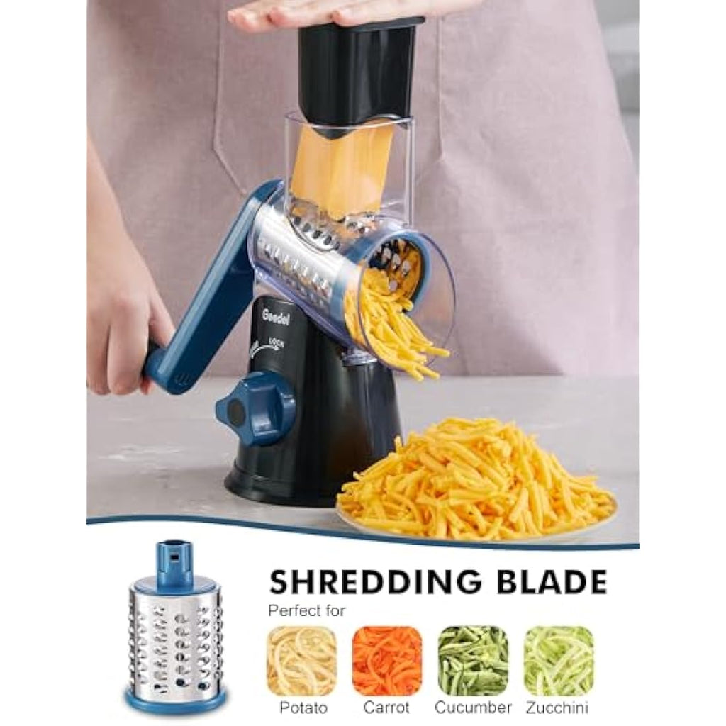 Geedel Rotary Cheese Grater | 3-Blade Manual Vegetable Slicer by Jolof