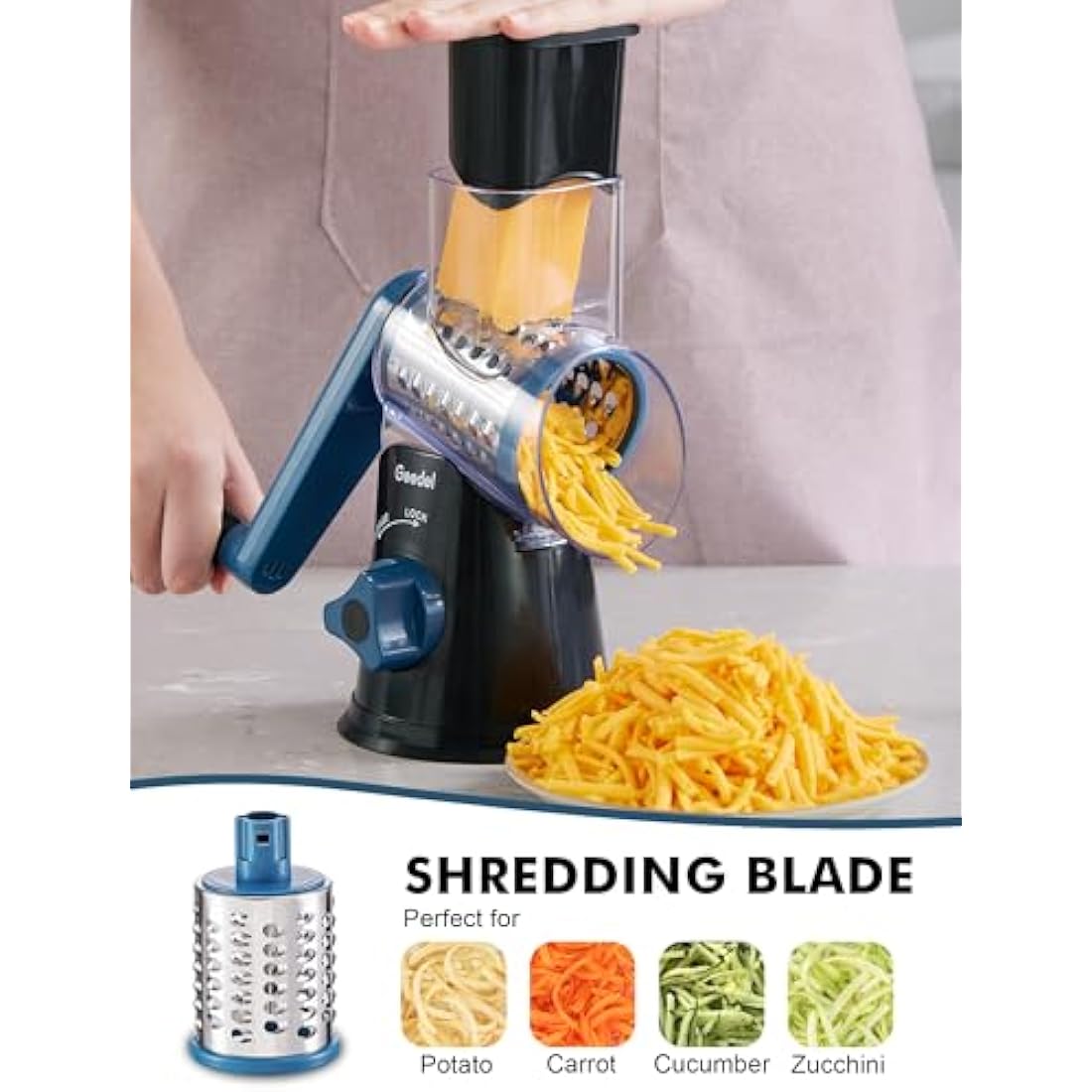 Geedel Rotary Cheese Grater | 3-Blade Manual Vegetable Slicer by Jolof