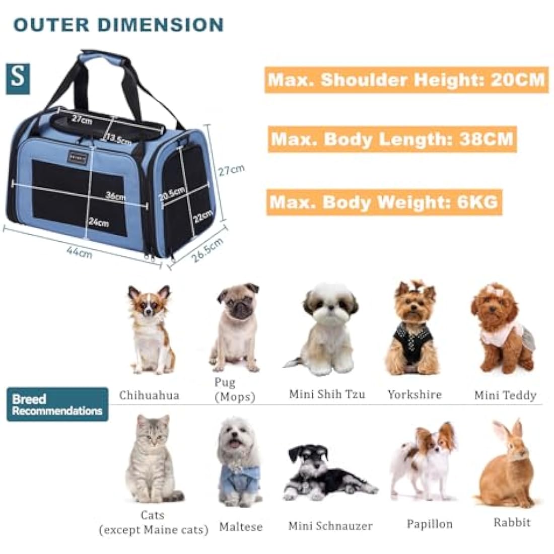 Petsfit Large Soft Cat Carrier with Fleece Mat for Small Dogs - Blue