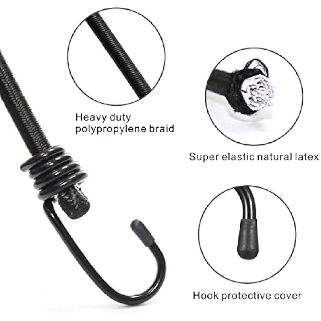 BEXSLE Heavy Duty Bungee Cords with Hooks - 2m Latex Elastic Straps, 4Pk