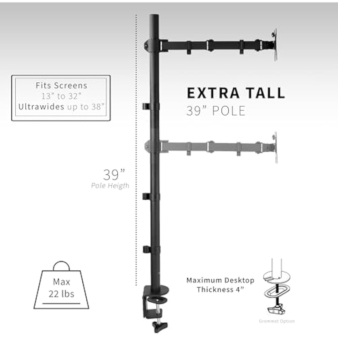 VIVO Extra Tall Single Monitor Desk Mount | 39" Pole for 13-32" Screens
