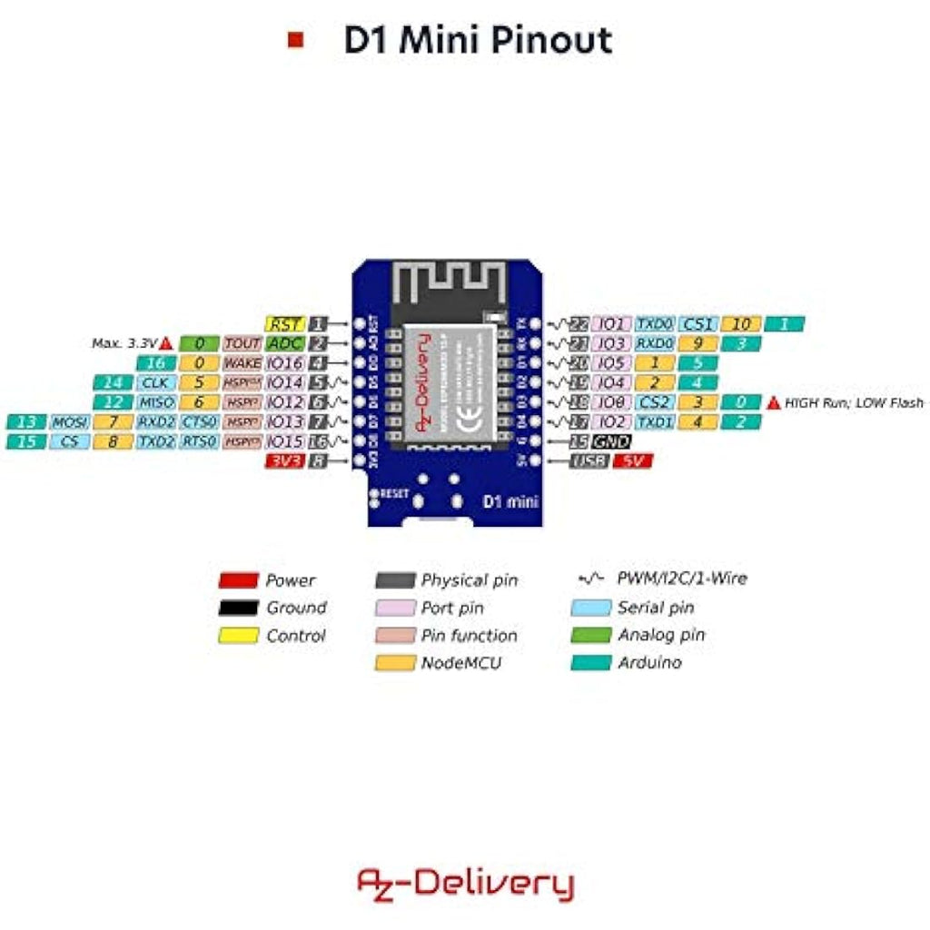 AZDelivery D1 Mini NodeMcu WiFi Board ESP8266-12F CH340G - 5 Pack