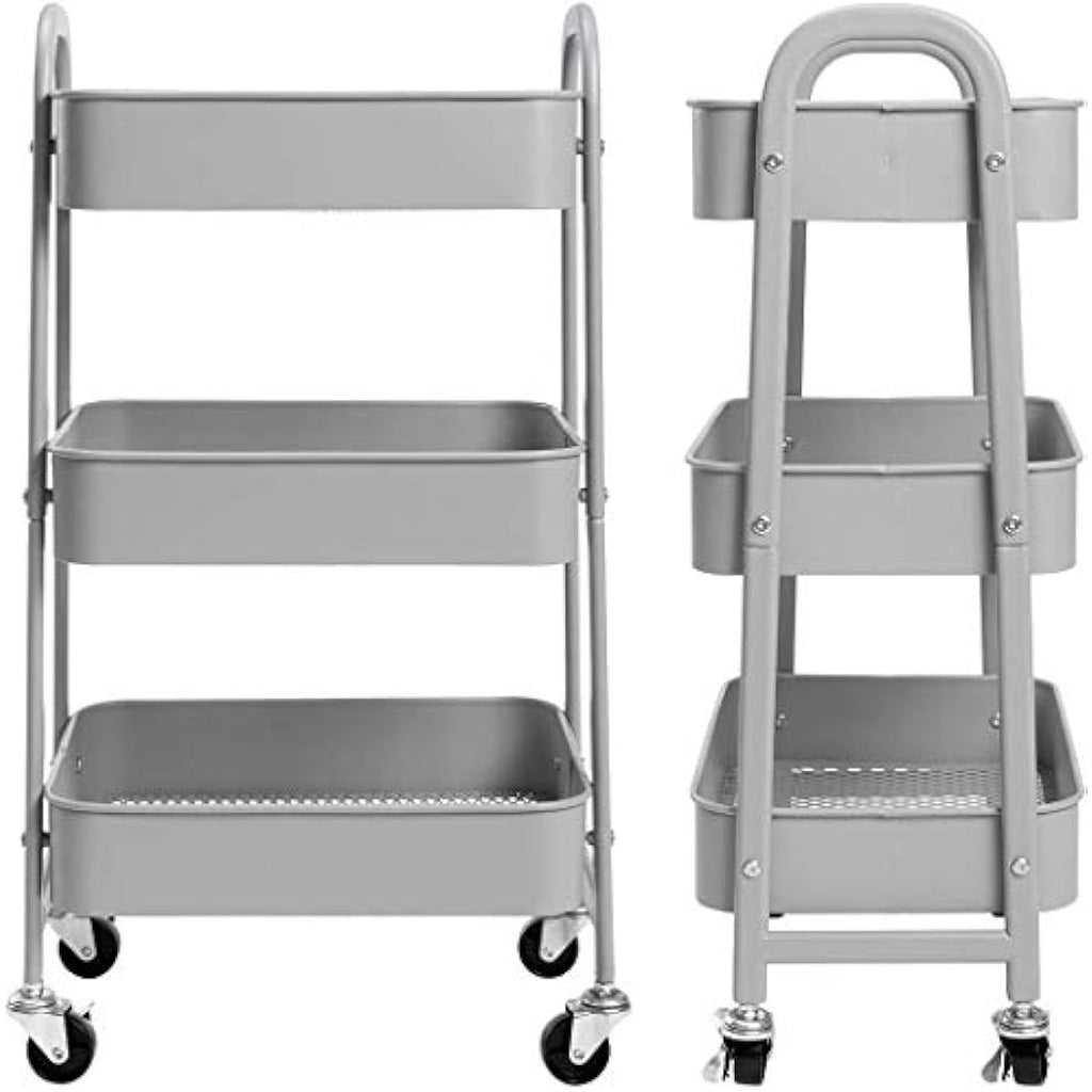 DOEWORKS 3-Tier Metal Rolling Storage Trolley - Slim Utility Cart, Grey