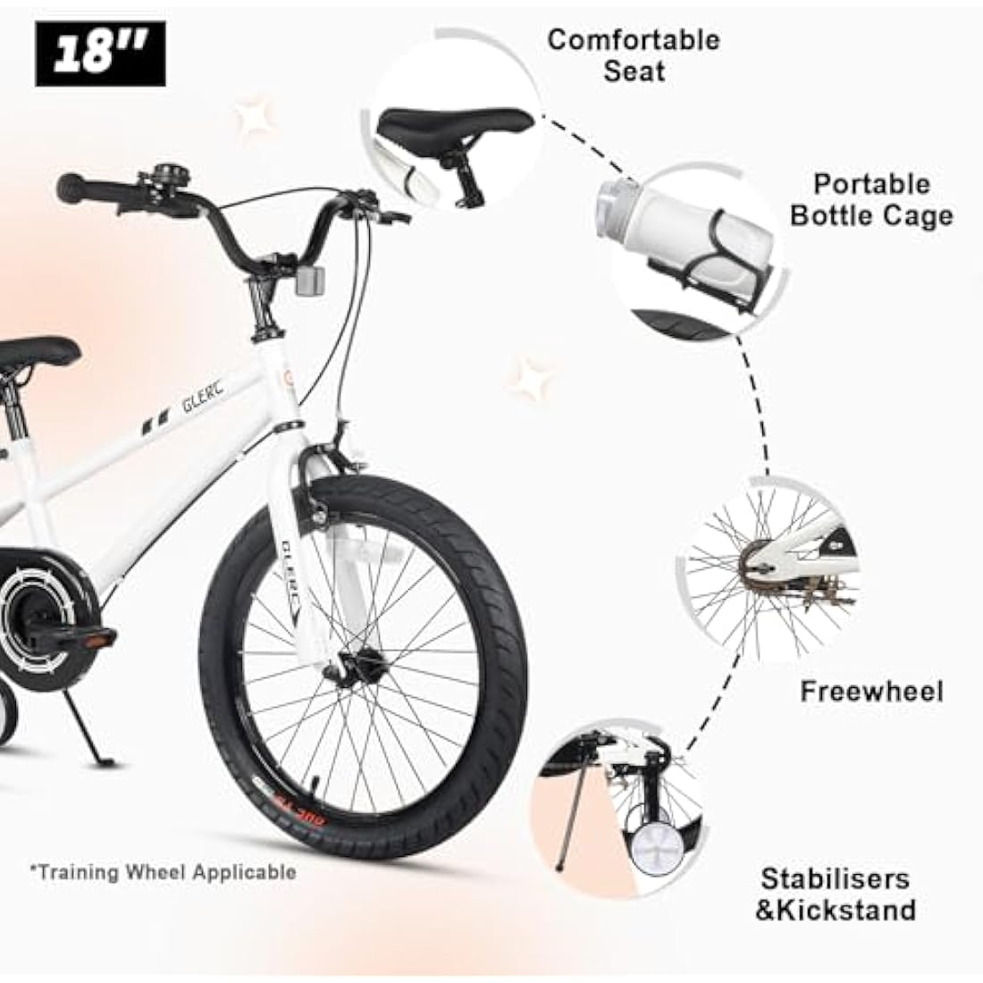 Glerc 18 Inch Kids Bike with Stabilisers and Water Bottle Holder