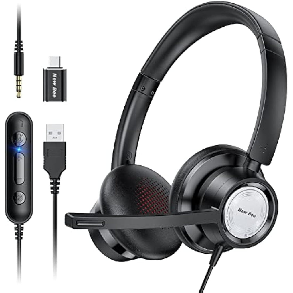 New Bee H362 USB Headset with Microphone | 3.5mm PC Headphones - Black