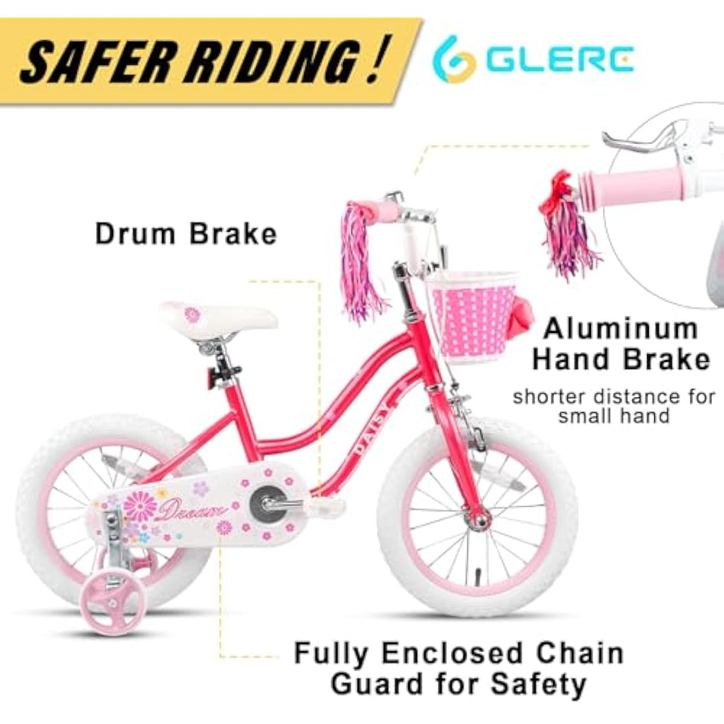 Glerc Daisy 14 Inch Girls Bike with Training Wheels, Basket and Streamers