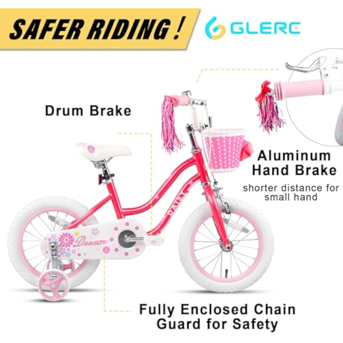 Glerc Daisy 16 Inch Girls Bike with Training Wheels and Basket
