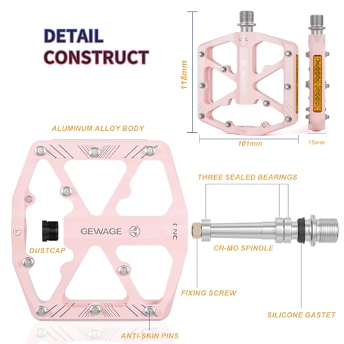 GEWAGE Aluminum Bike Pedals | 3 Sealed Bearings & Reflectors - Pink
