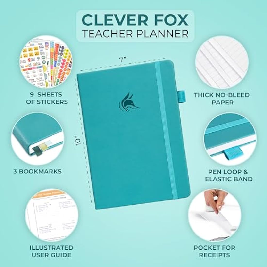 Clever Fox Teacher Planner – Undated Lesson Plan Book, 18x25cm, Turquoise