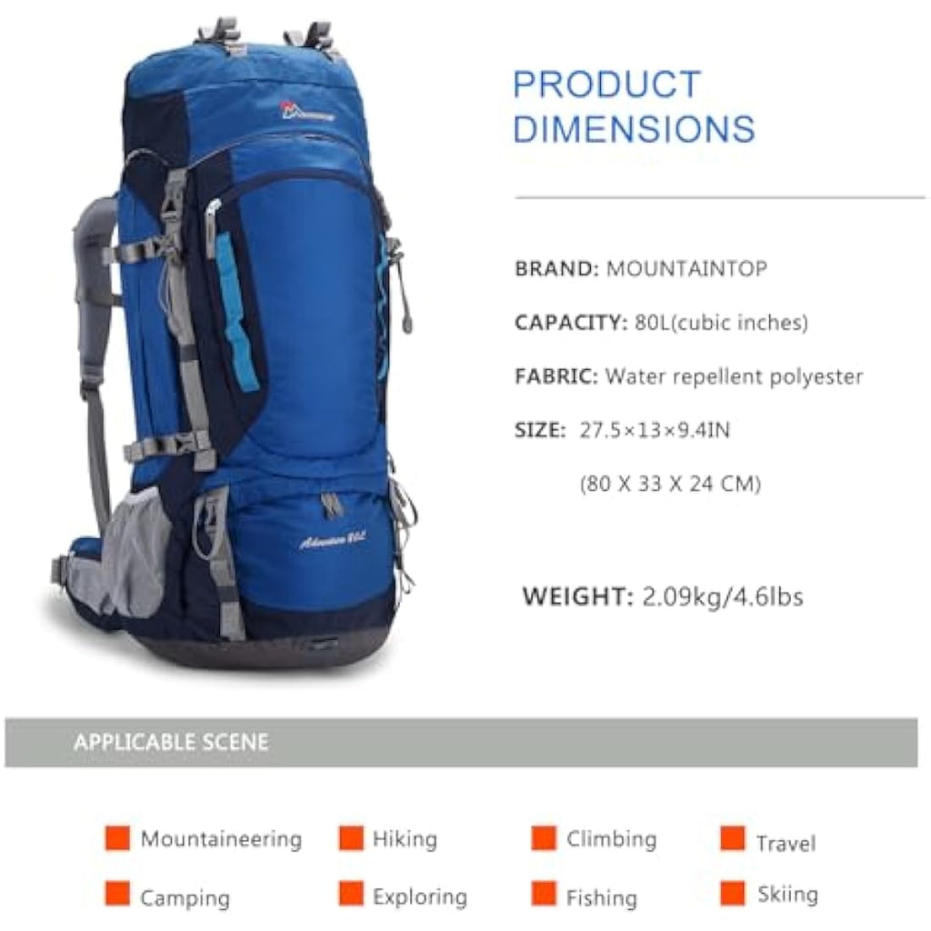 MOUNTAINTOP 80L Hiking Backpack – Waterproof Nylon Trekking Rucksack