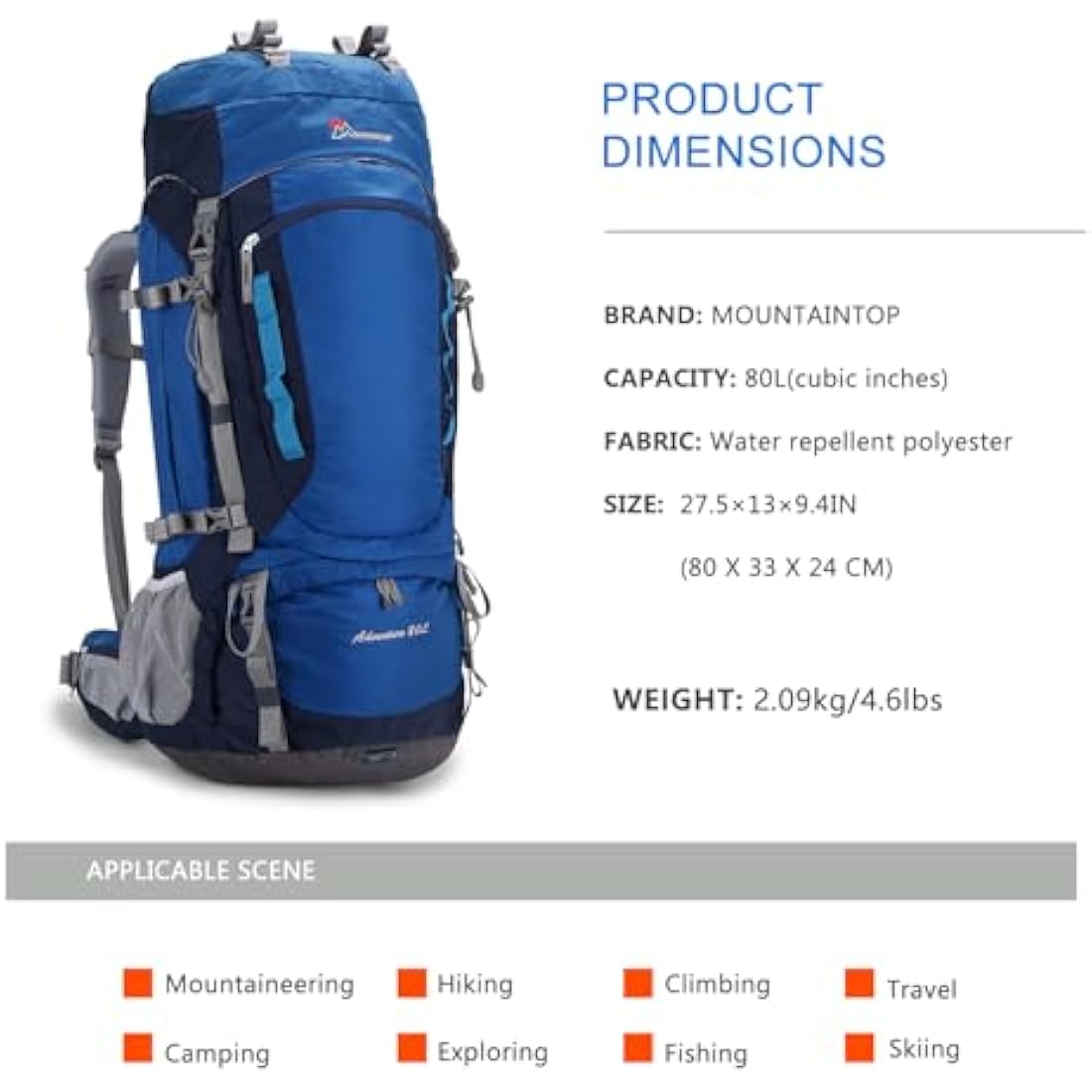 MOUNTAINTOP 80L Hiking Backpack – Waterproof Nylon Trekking Rucksack
