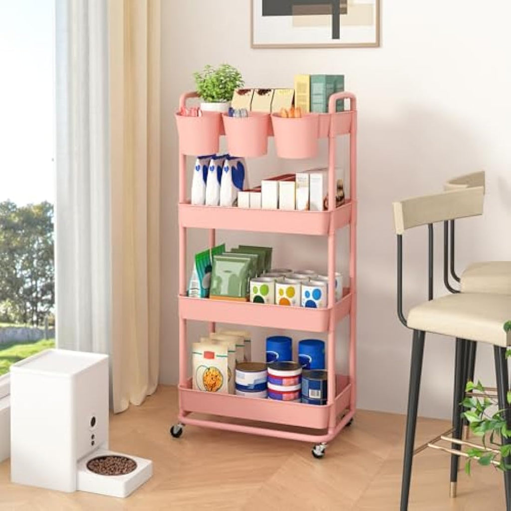 JIUYOTREE 4-Tier Plastic Rolling Utility Cart with Handles - Pink