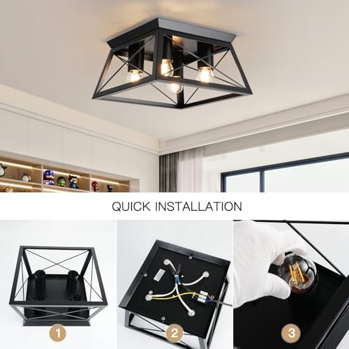FORCOSO 4-Light Industrial Ceiling Light – Black Metal Flush Mount Lamp