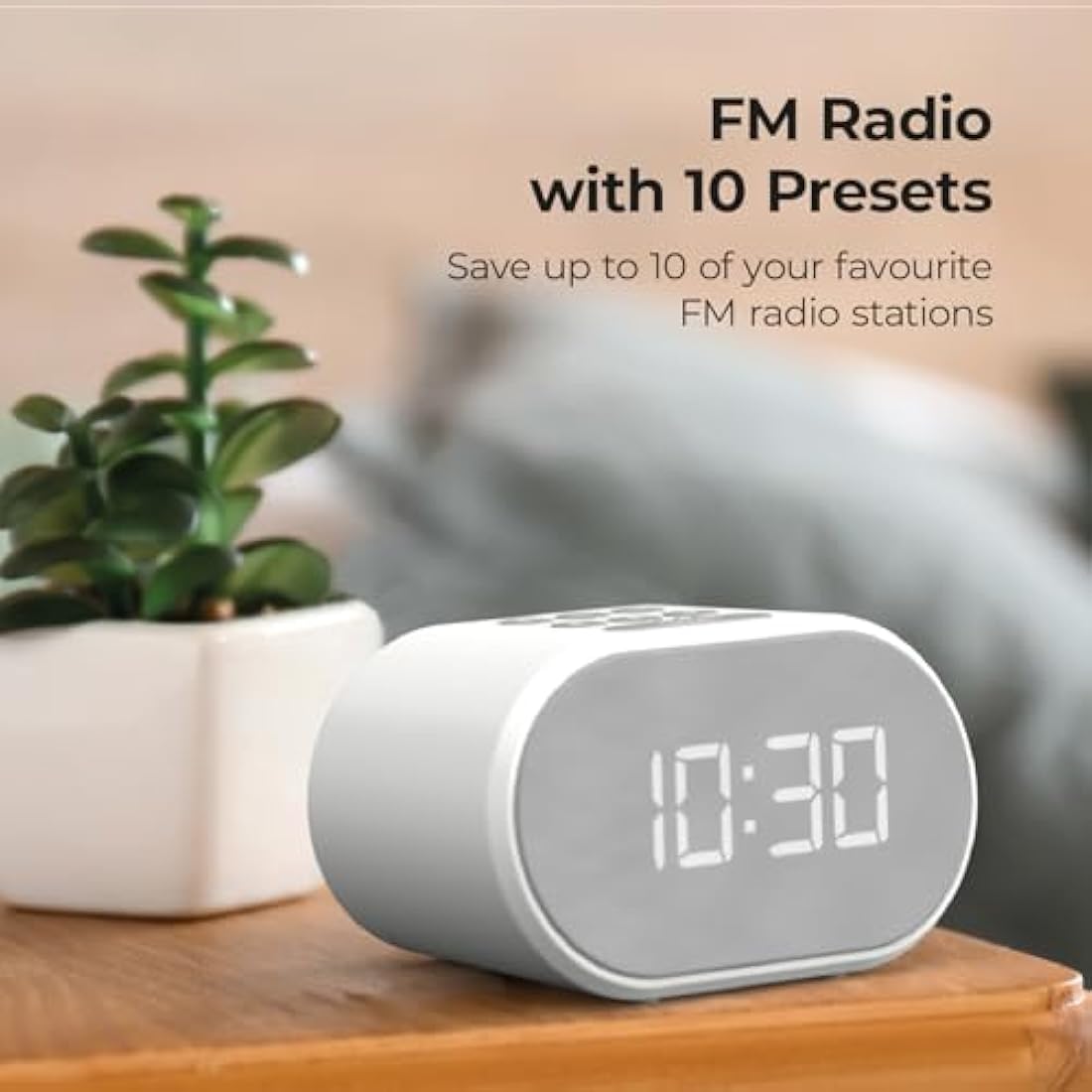 i-box Bedside FM Radio Alarm Clock with USB Charging & Dual Alarm - White