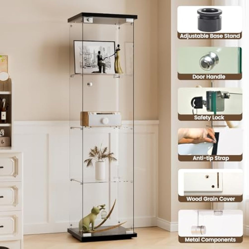 Beauty4U 4-Shelf Glass Display Cabinet | 64" Tempered Glass Showcase, Black