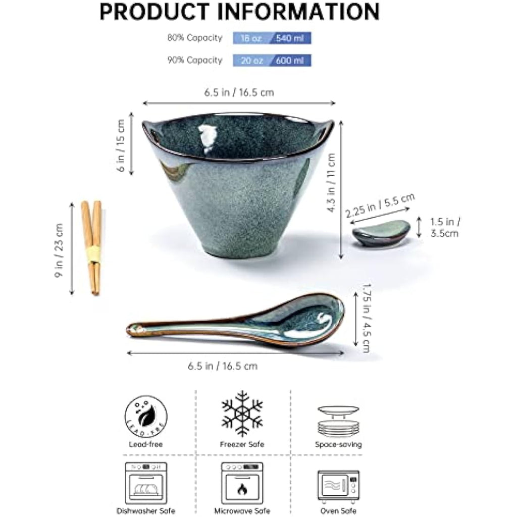 Henten Home Ceramic Ramen Bowl Set of 2 – 780ml Green Reactive Glaze