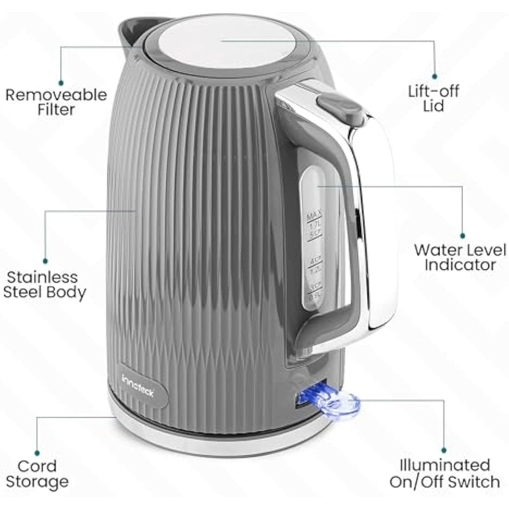 Innoteck 1.7L Electric Kettle – 3000W Fast Boil Stainless Steel, Grey