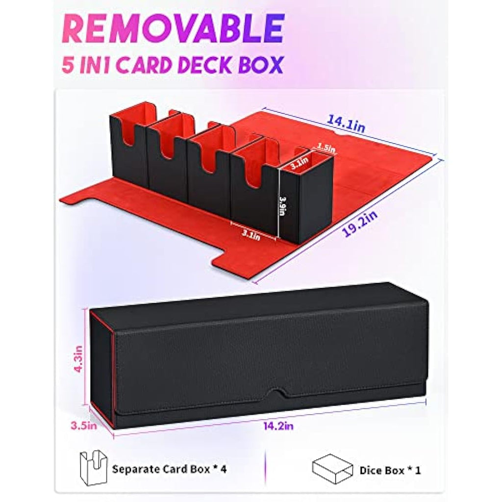 UAONO 5-in-1 Card Deck Storage Box with Dice Tray for MTG TCG - Black & Red