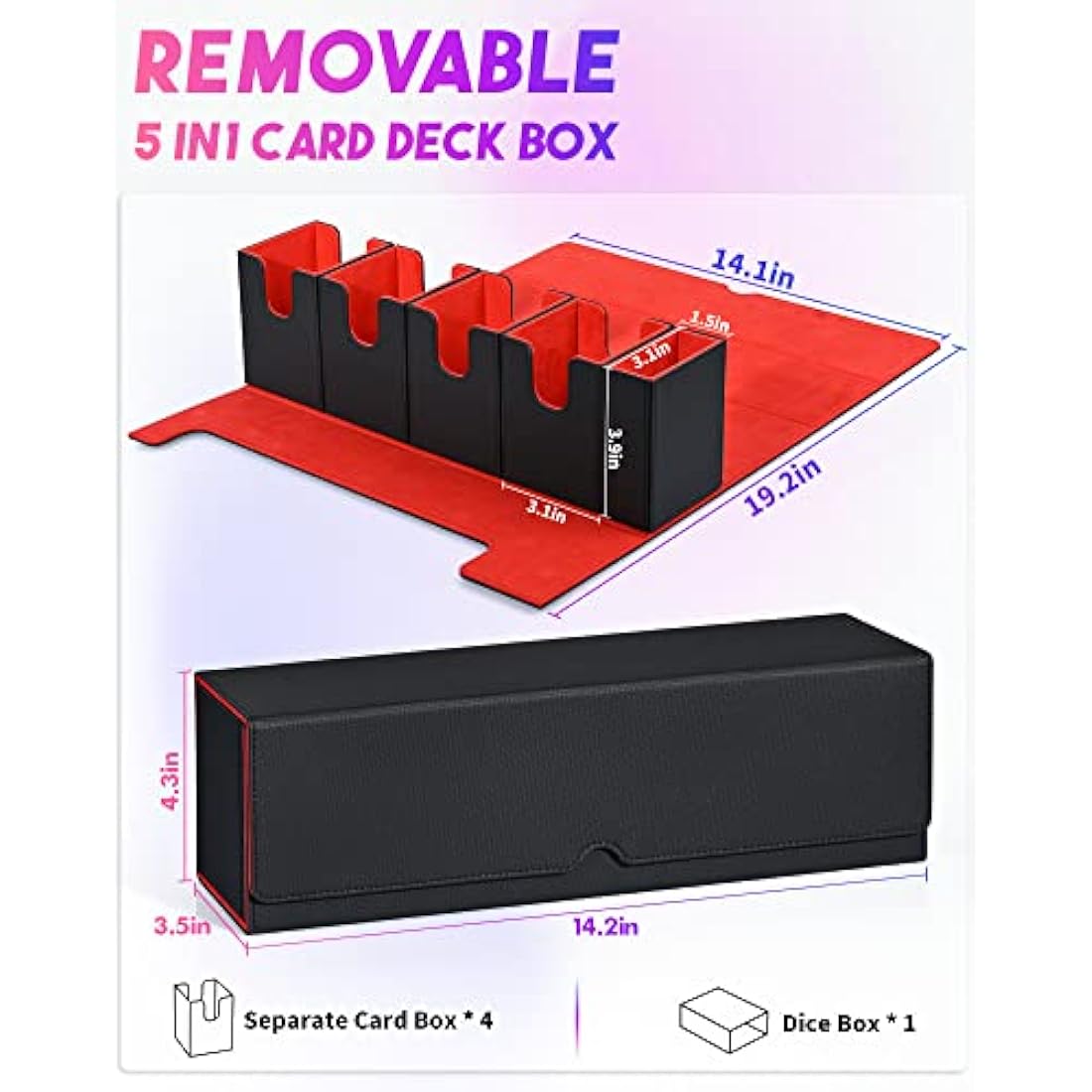 UAONO 5-in-1 Card Deck Storage Box with Dice Tray for MTG TCG - Black & Red