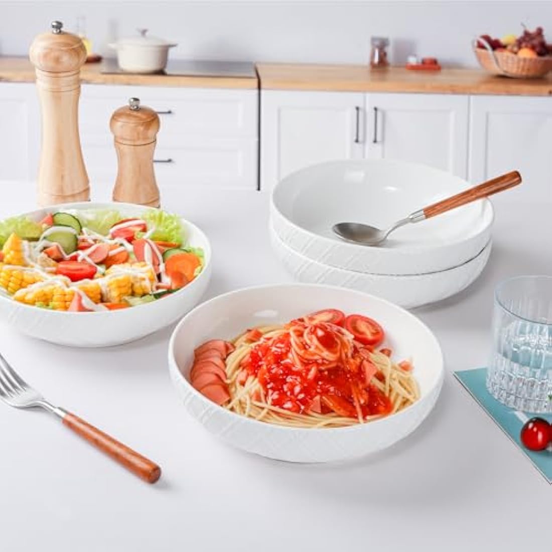 NUTRIUPS 40 Oz Pasta Bowls Set of 4 | White Checkered Porcelain Salad Bowls
