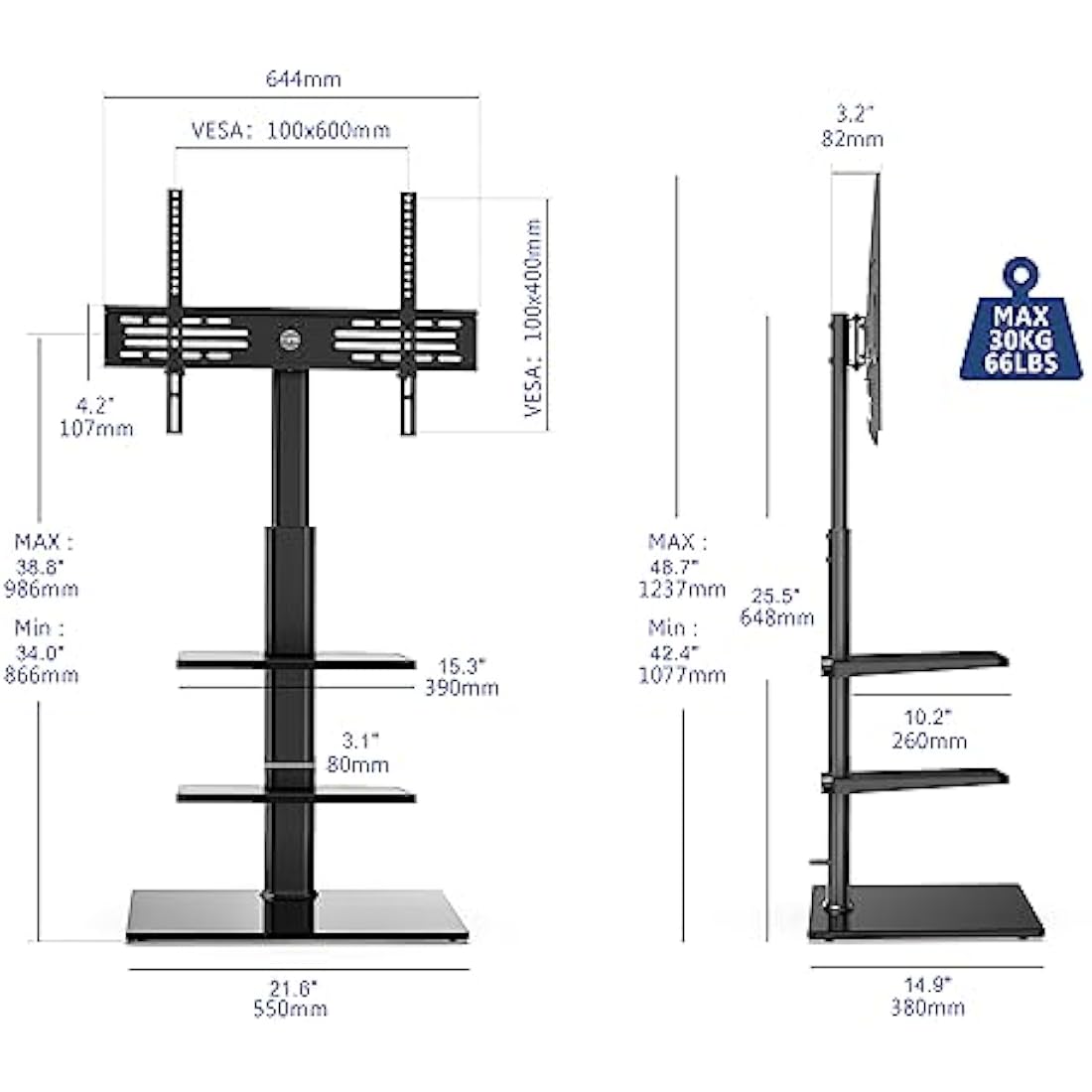 FITUEYES TV Floor Stand for 32-60 Inch | Swivel Mount with 2 Shelves