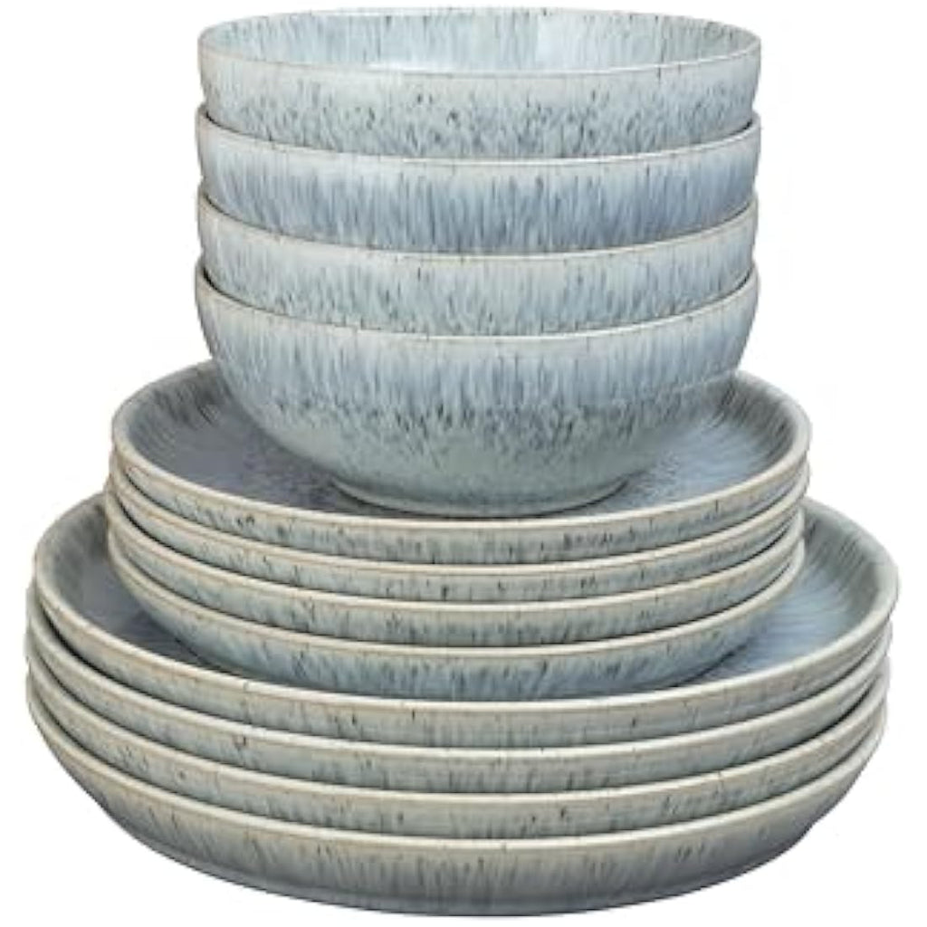 Denby Halo Speckle 12-Piece Stoneware Dinner Set – Grey Ceramic Tableware