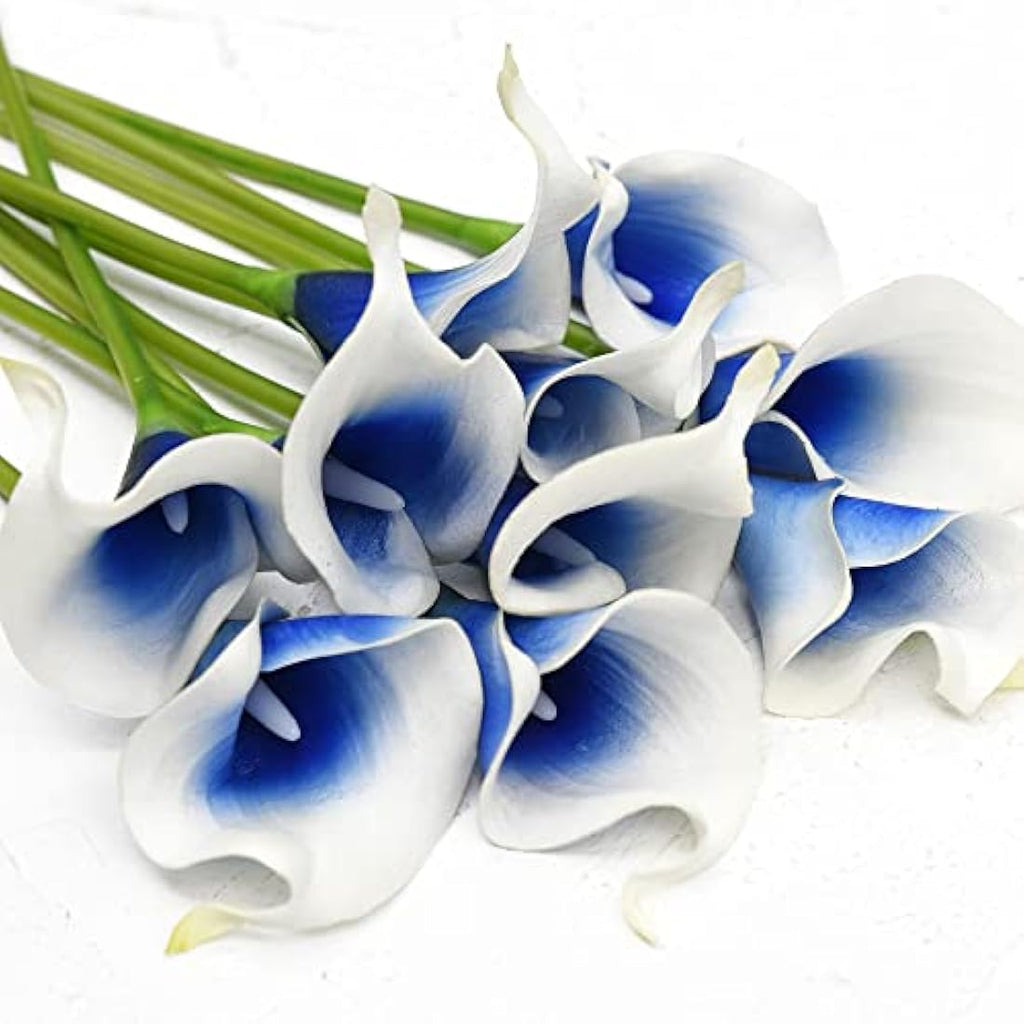 FiveSeasonStuff Real Touch Calla Lilies – 10 Stems White & Blue Bouquet